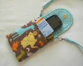 Cell Phone Gadget Case  Detachable Neck Strap Quilted Pastel Zoo Animals on Brown