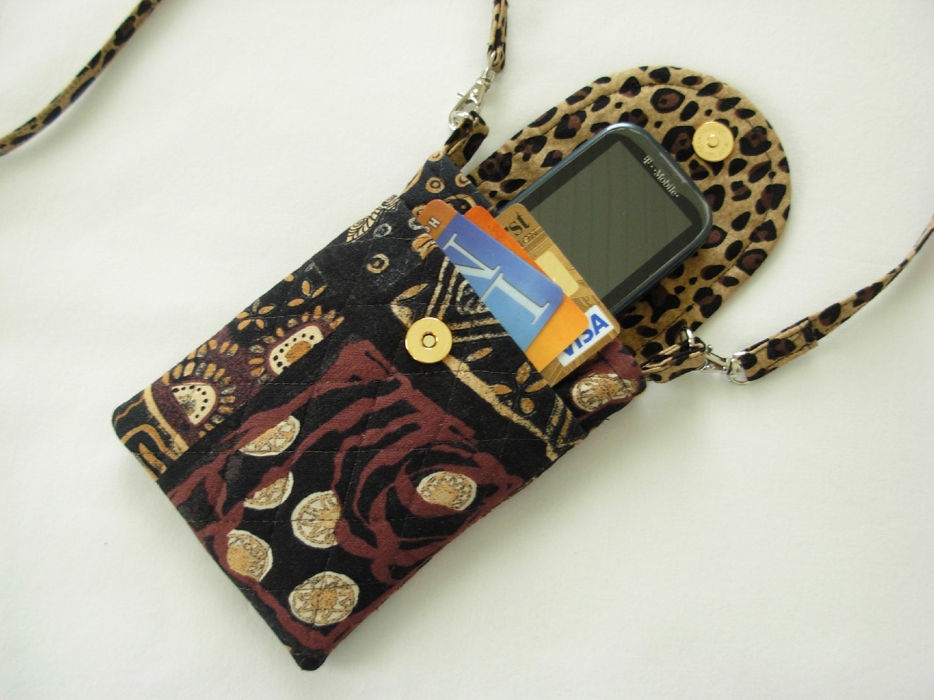 Cell Phone Gadget Case With Detachable Neck Strap Quilted Black Brown Beige African Print