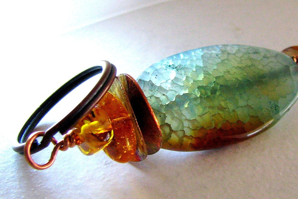 Key Chain, Key Fob, Zipper Pull, Fire Agate, Housewarming, Unisex, Amber, Copper, Purse Charm, Handmade Fashion - Fire Island