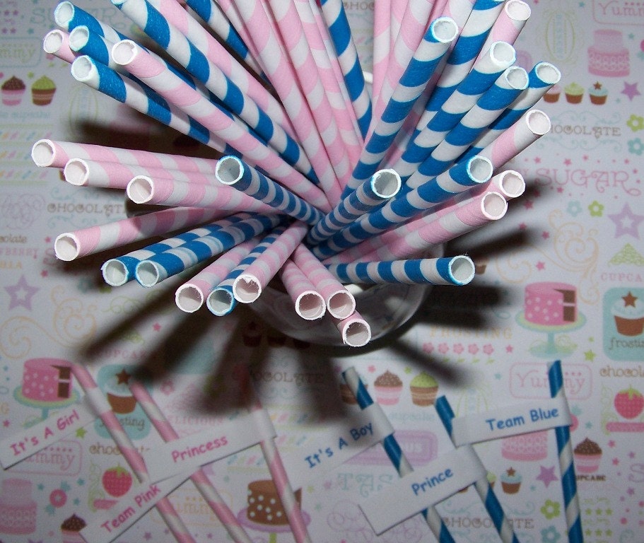 Paper Straws 100 Gender Reveal Party Pack 50 Powder Pink & 50 Blue Free Custom Straw Flag Toppers Fast Shipping