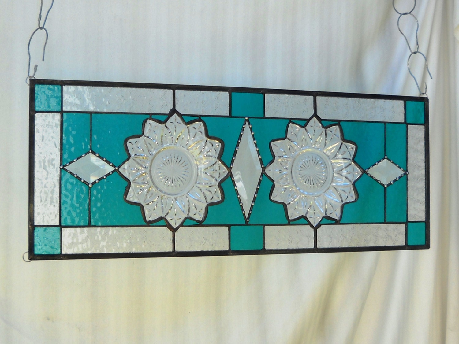 Depression Glass Petal Pattern Stained Glass Plate Panel Flower Window Transom