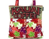 Burlap and Hibiscus Pleated Hobo Handbag for Spring and Summer. Repurposed Kauai USA Coffee Bag. Handmade in Hawaii.