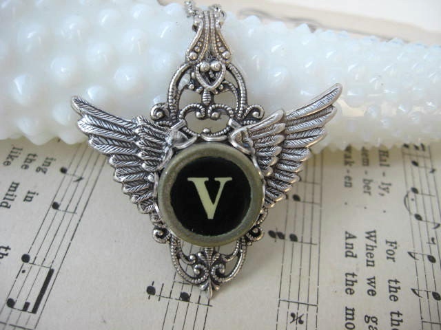 Typewriter Jewelry - Necklace - Letter V - Steampunk -  Wings