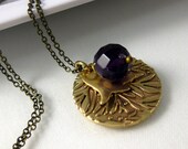 Amethyst Charm Necklace, Brass Jewelry, February Birthstone, ready to ship, under 40