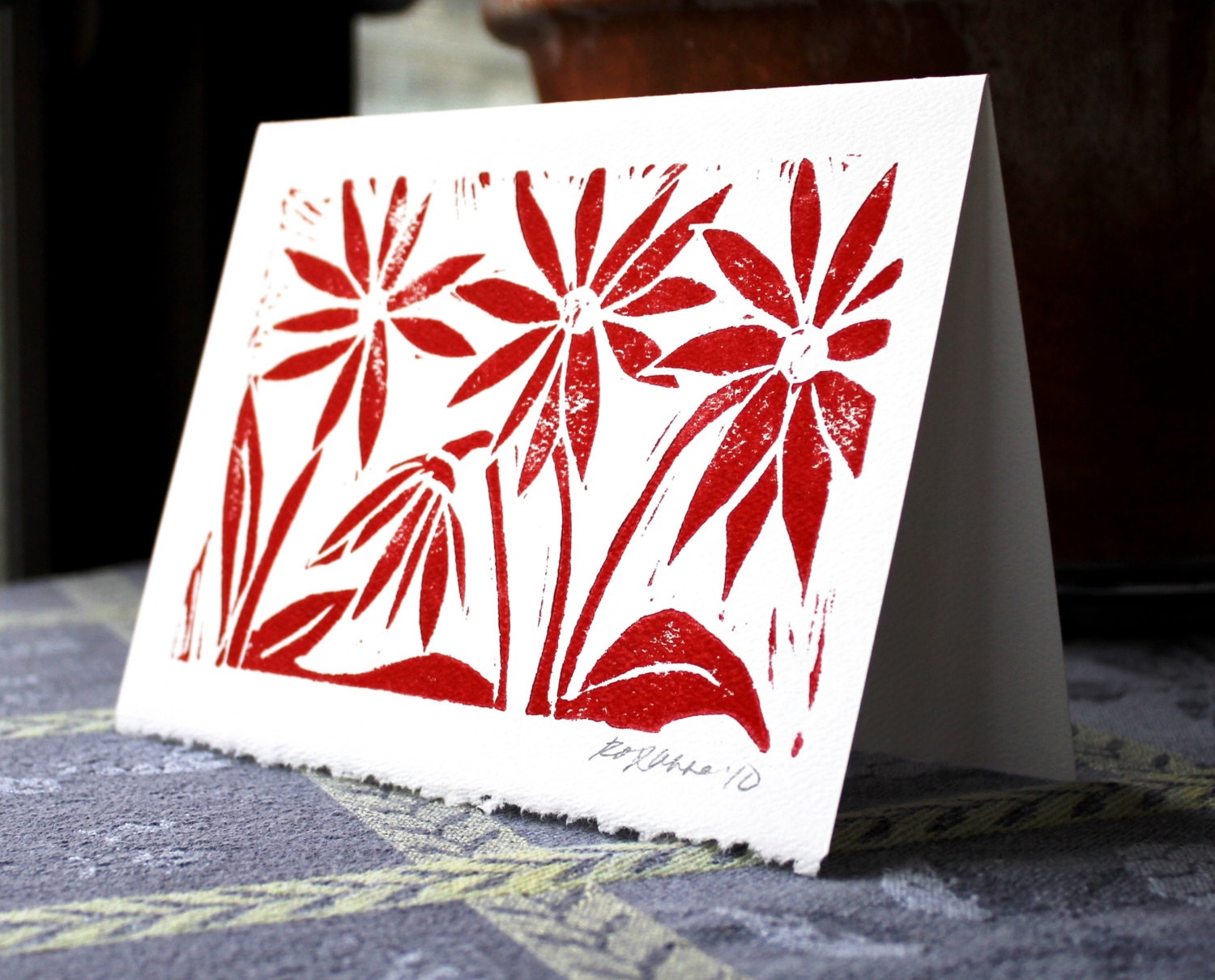 Handmade Card - Red Daisies with White Envelope - Large