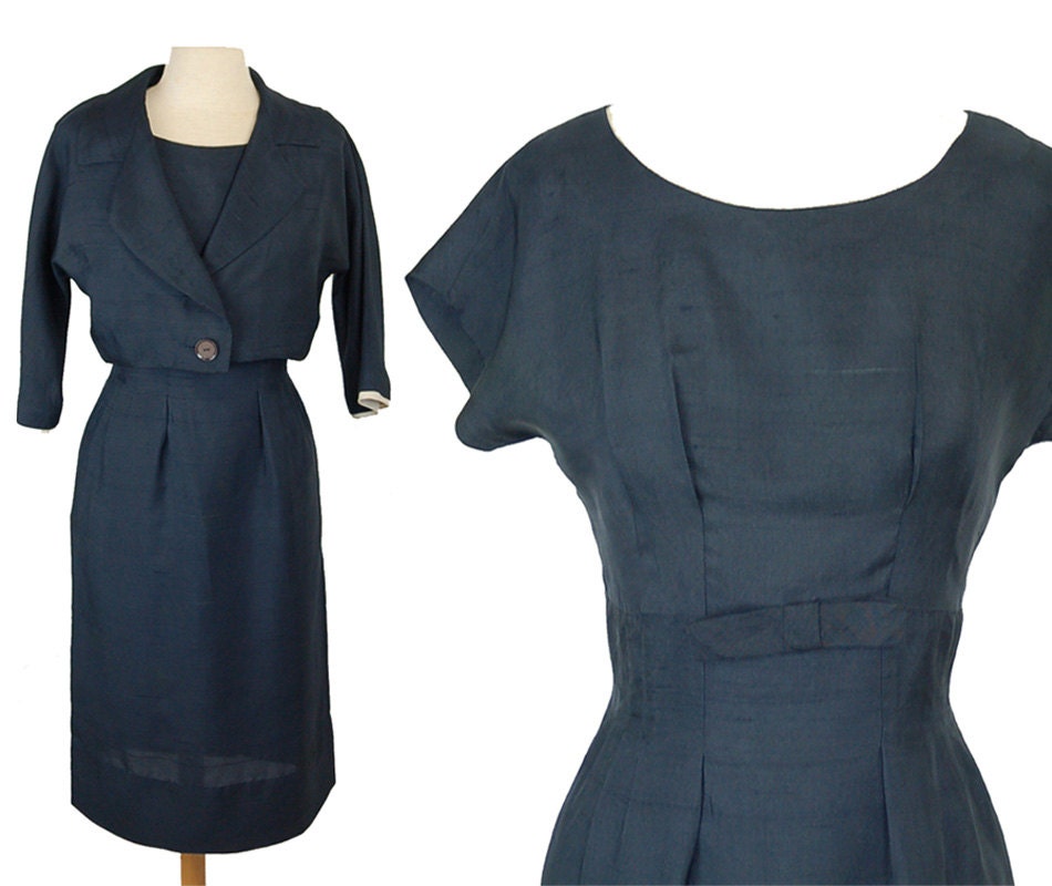 1960s wiggle dress, silk dress and jacket, Mad Men dress,  R&K Originals, Navy blue dress, Size S/M