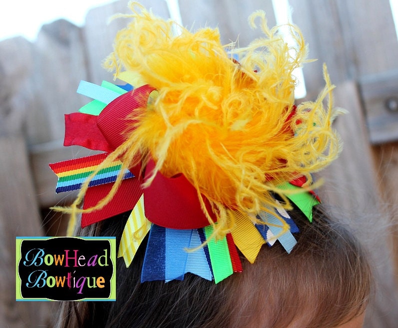 Rainbow Over the Top Extra Large Yellow Ostrich Puff Boutique Bow for Girls