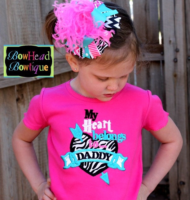My Heart Belongs to Daddy Zebra Hot Pink Fitted Shirt, Tank Top, or Onesie, and Matching XL Hair Bow for Girls
