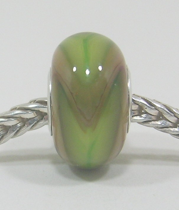 SALE - Beige and Green Armadillo Style Handmade Lampwork European Charm Bead - SRA - Fits Trollbead/Biagi etc