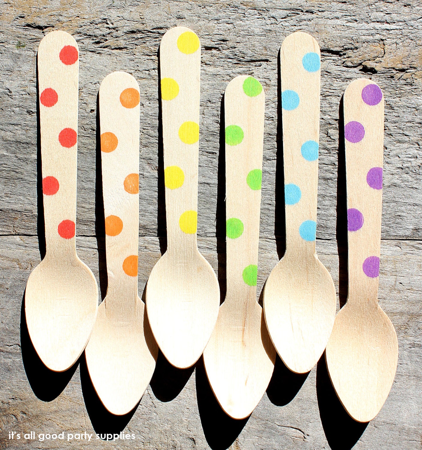 Small Wooden Spoons with Polka Dots in BOYS Rainbow Colors - Eco-friendly Cupcake Spoons, Ice Cream Spoons (set of 36)