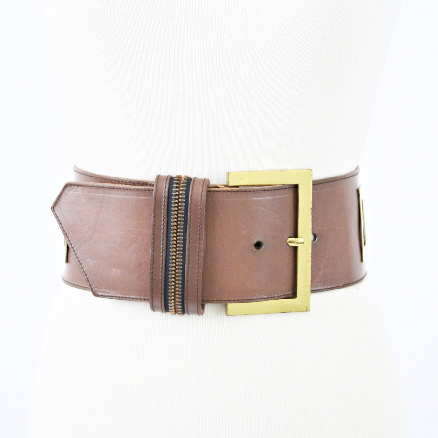 vintage 90s OVERSIZED wide brown leather ZIPPER stretch belt size S