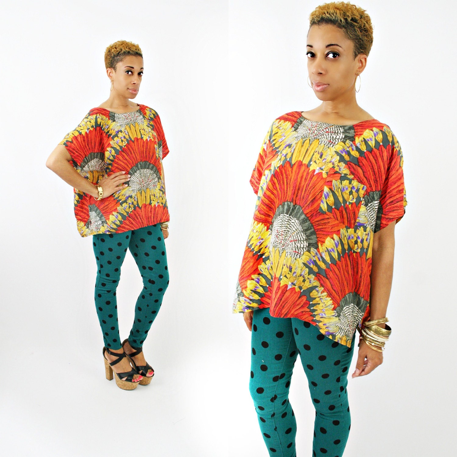 vintage 90s OVERSIZED silk FEATHERS novelty print shirt OSFM