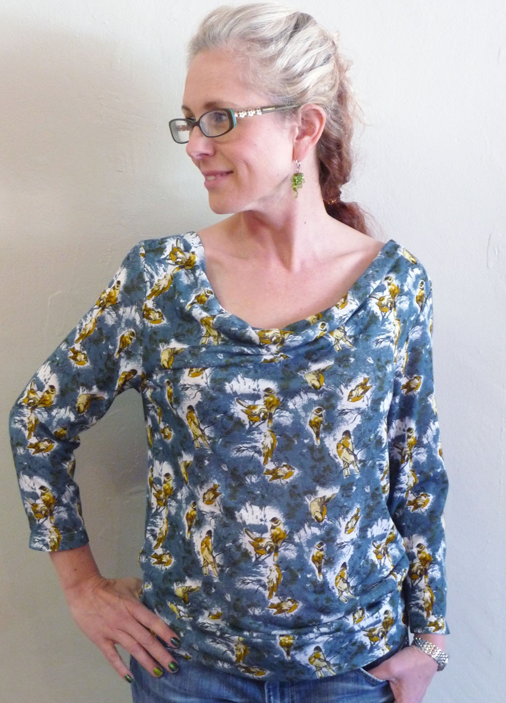 Bird print Cowl Neck Tee
