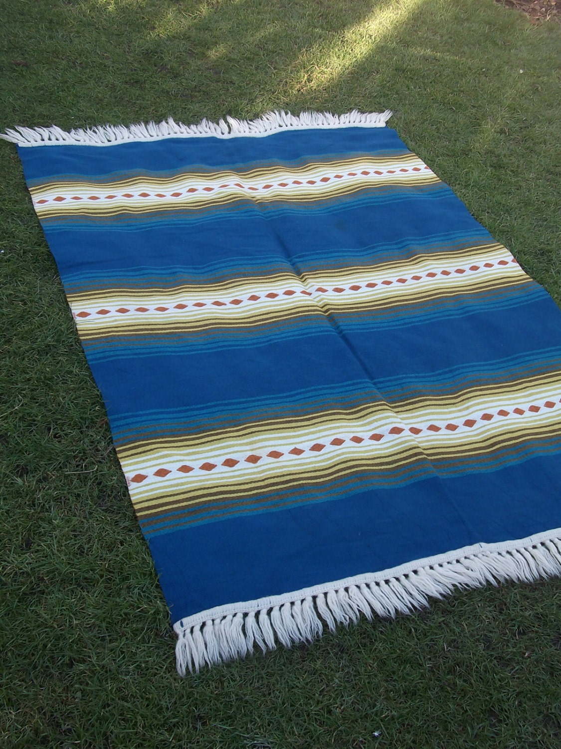 6 x 4 ft Lightweight Blue Striped Dhuree Hand woven Throw/Rug from Pakistan.