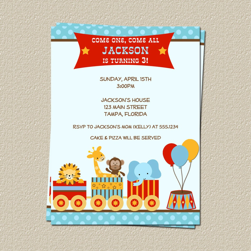 Circus Birthday Invitations, Carnival Theme Birthday Party Invites, Set of 10 Printed, Free Shipping