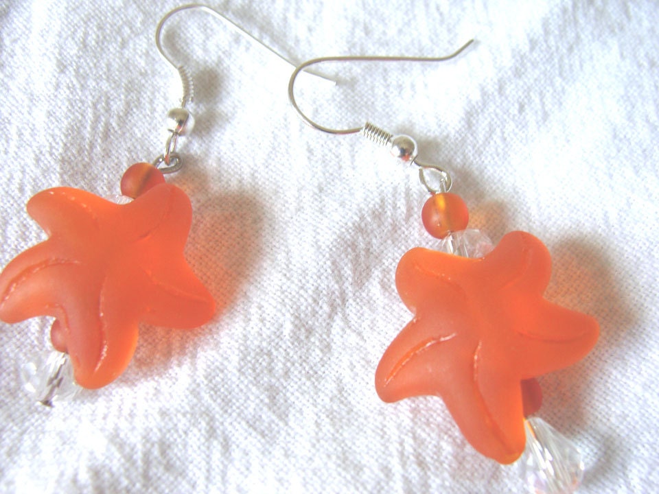 Starfish Pierced Earrings Orange Glass Hypo Allergenic Ocean Beach Fun Fashion Jewelry