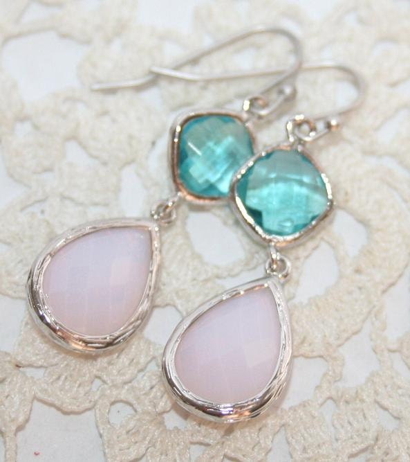Pink Opal and Aqua Teardrop Earrings - Aquamarine Pink Opal and Silver Double Drop Earrings - Etsy Gift for Her - Every Day Wear