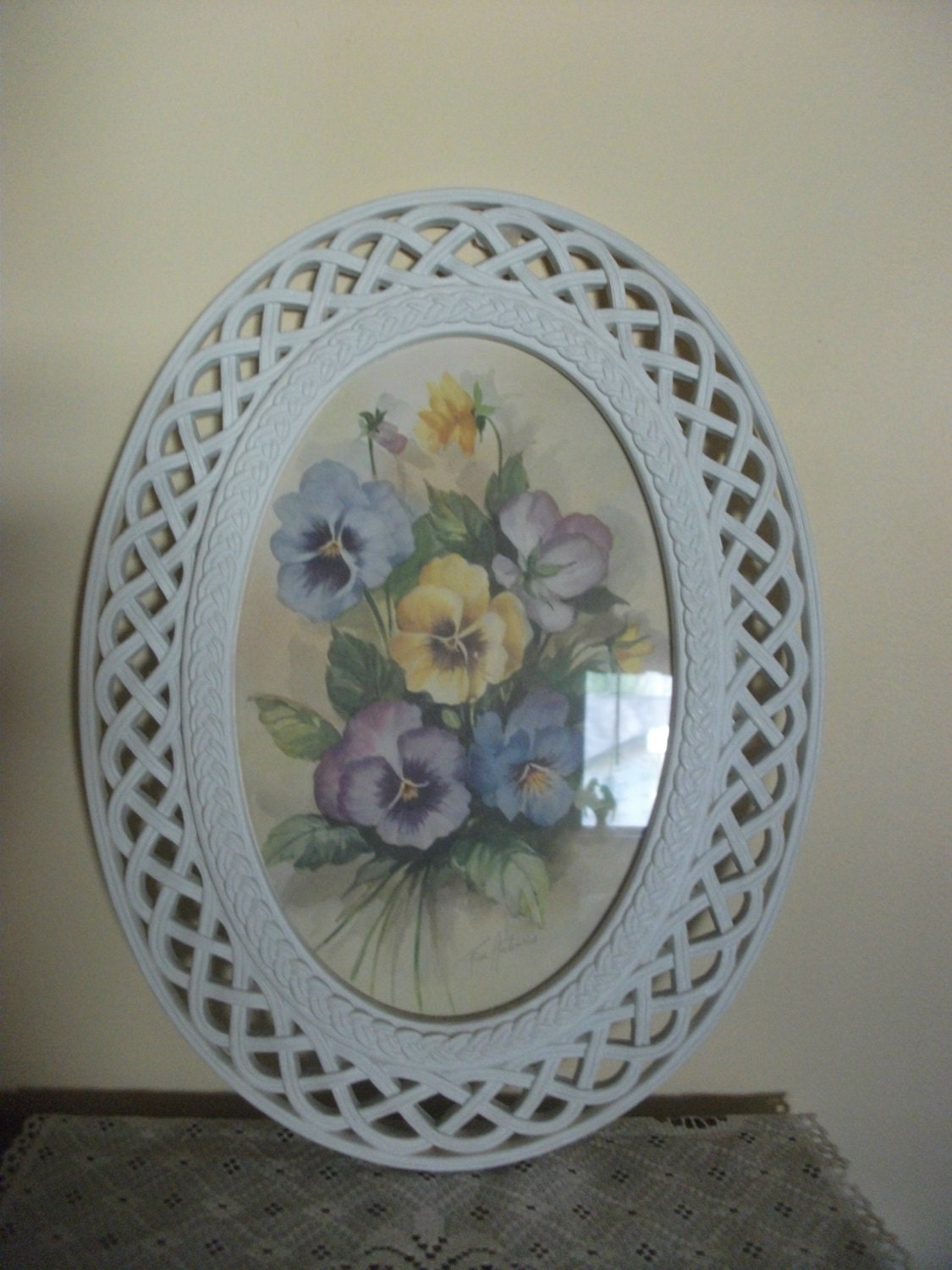 Vintage Homco Pansy  Print in Lattice Frame Primed and ready to paint your choice of color