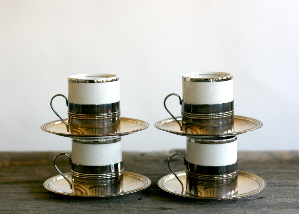 Vintage Porcelain and Silver Demitasse Espresso Cups Set of 4, by FB Rogers