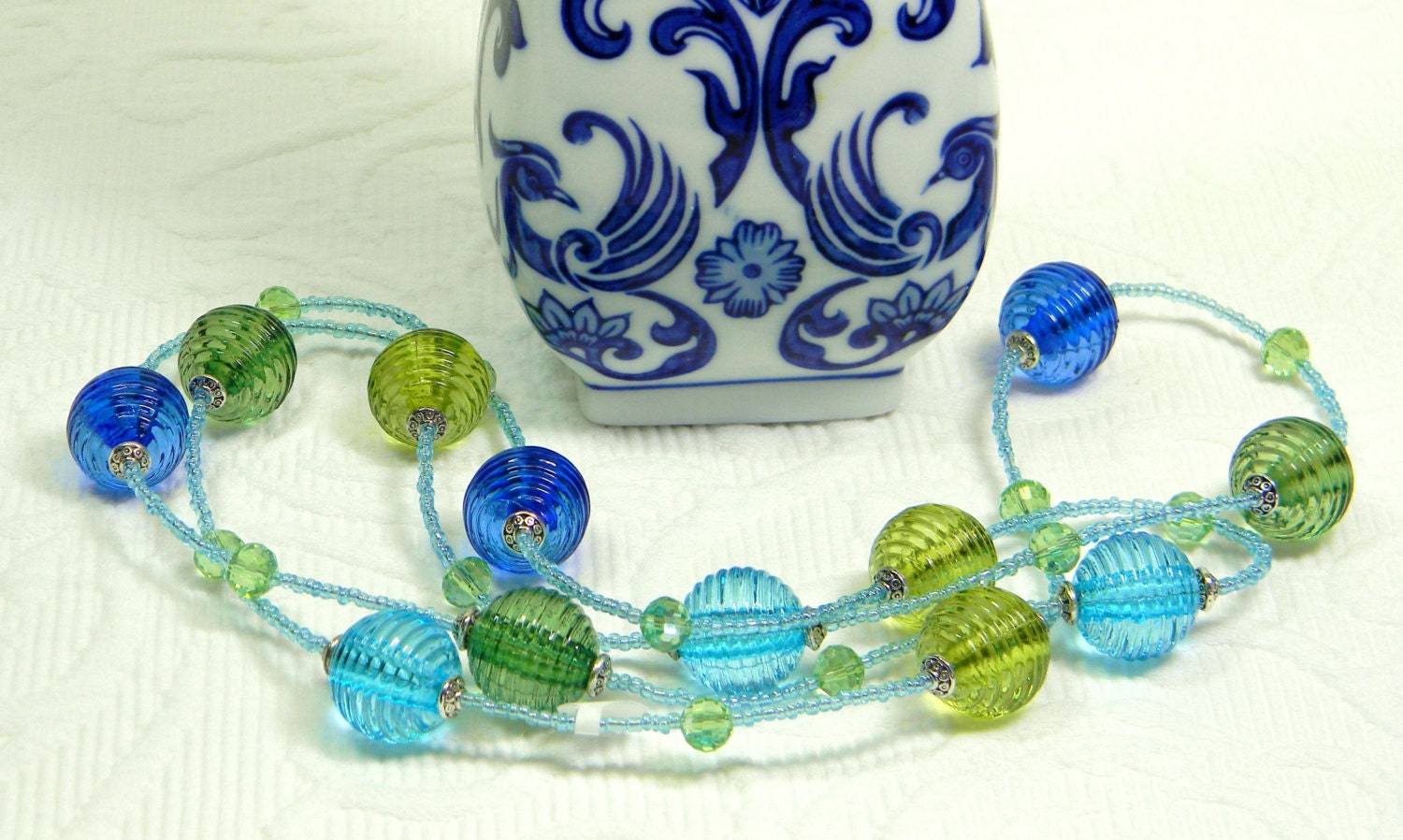 Blue, Teal, Moss Green, Lime Green, Acrylic, Crystal, Silver and Seed Bead Opera Length Necklace