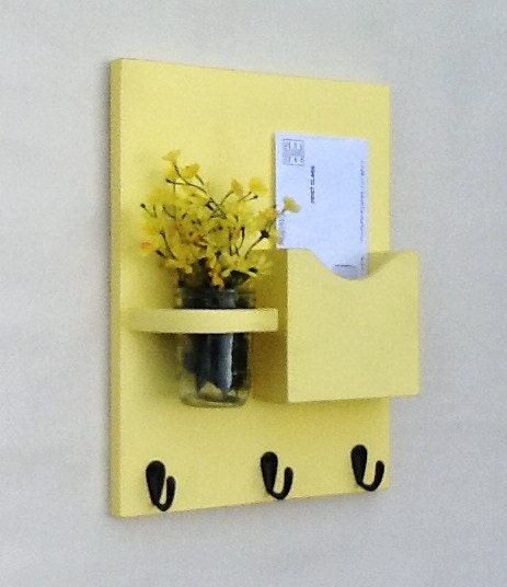 Mail Organizer - Letter Holder - Mail Holder - Key Hooks - Key Rack - Jar Vase - Organizer Yellow