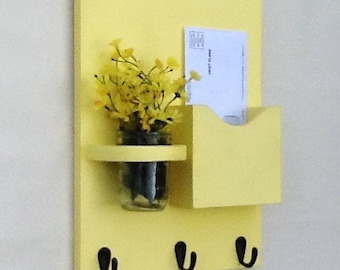 Mail Organizer - Letter Holder - Mail Holder - Key Hooks - Key Rack - Jar Vase - Organizer Yellow