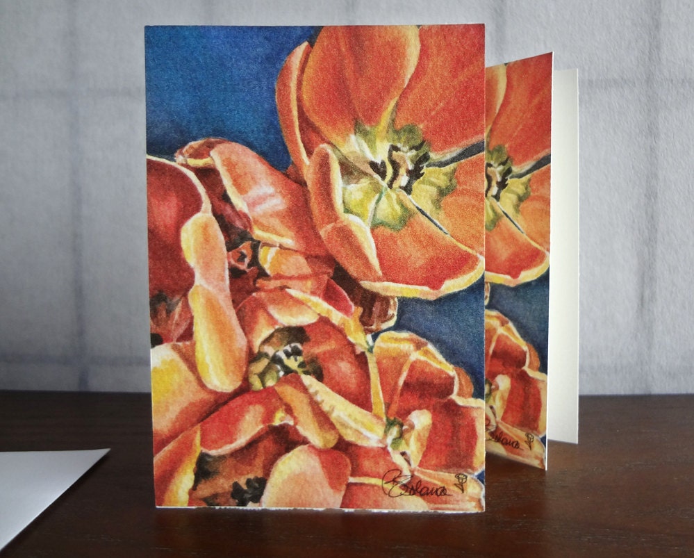 tulip notecards, orange flowers card set, flower invitations