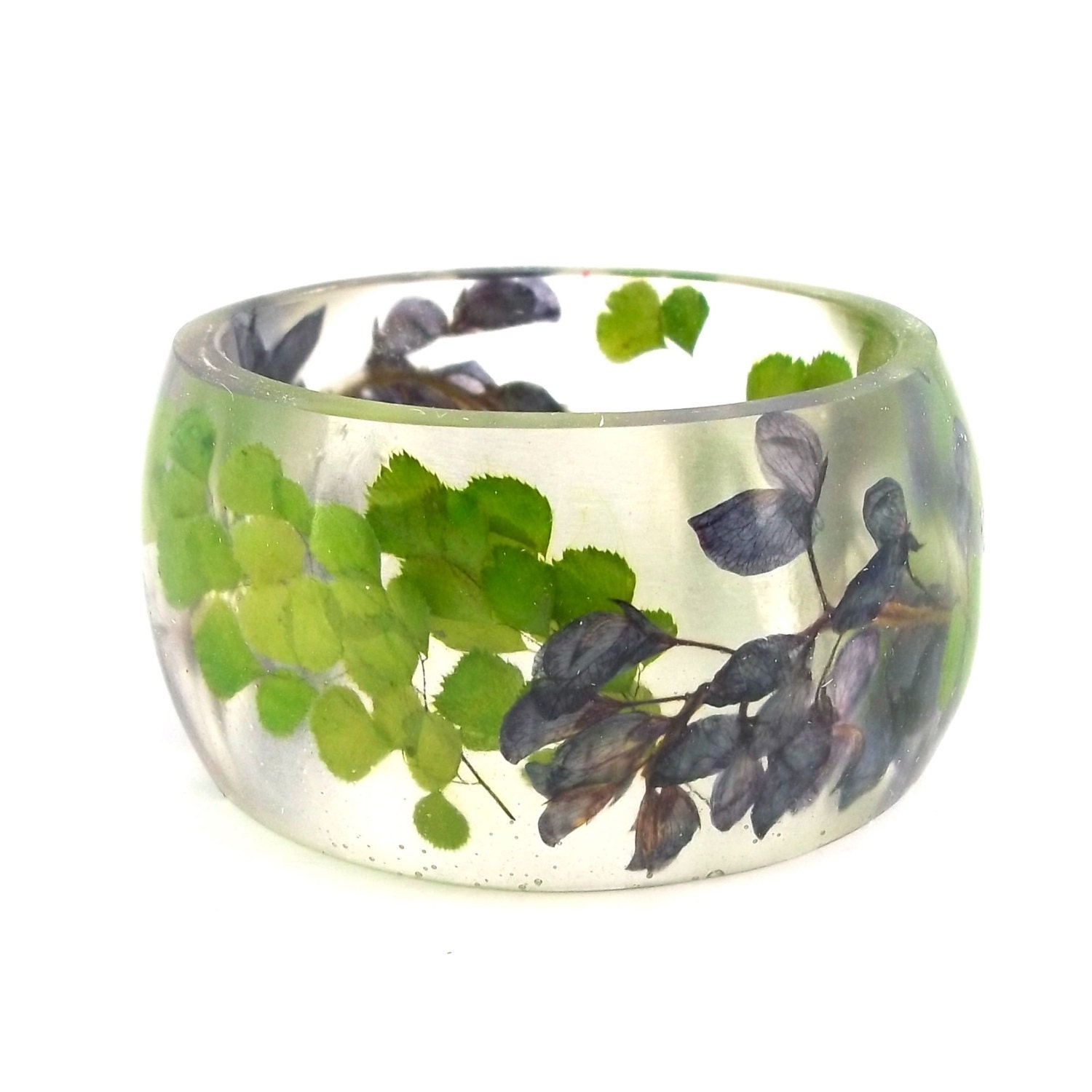 Size XL Botanical Resin Bangle.  Blue and Green Pressed Flower  Bracelet.  Plus Size Bangle Bluebonnets Maidenhair Fern
