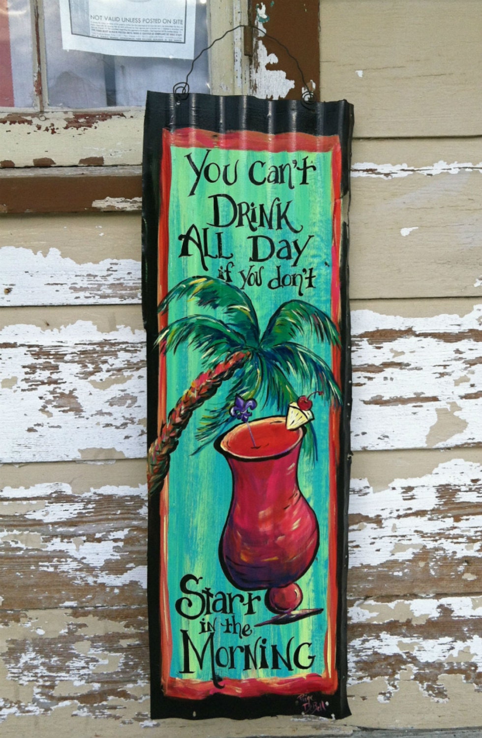 Tropical Drink and PALM Tree painted Metal  BAR Sign - Tropical Colors - Hang Outside or Inside  - Salvaged Metal Roofing