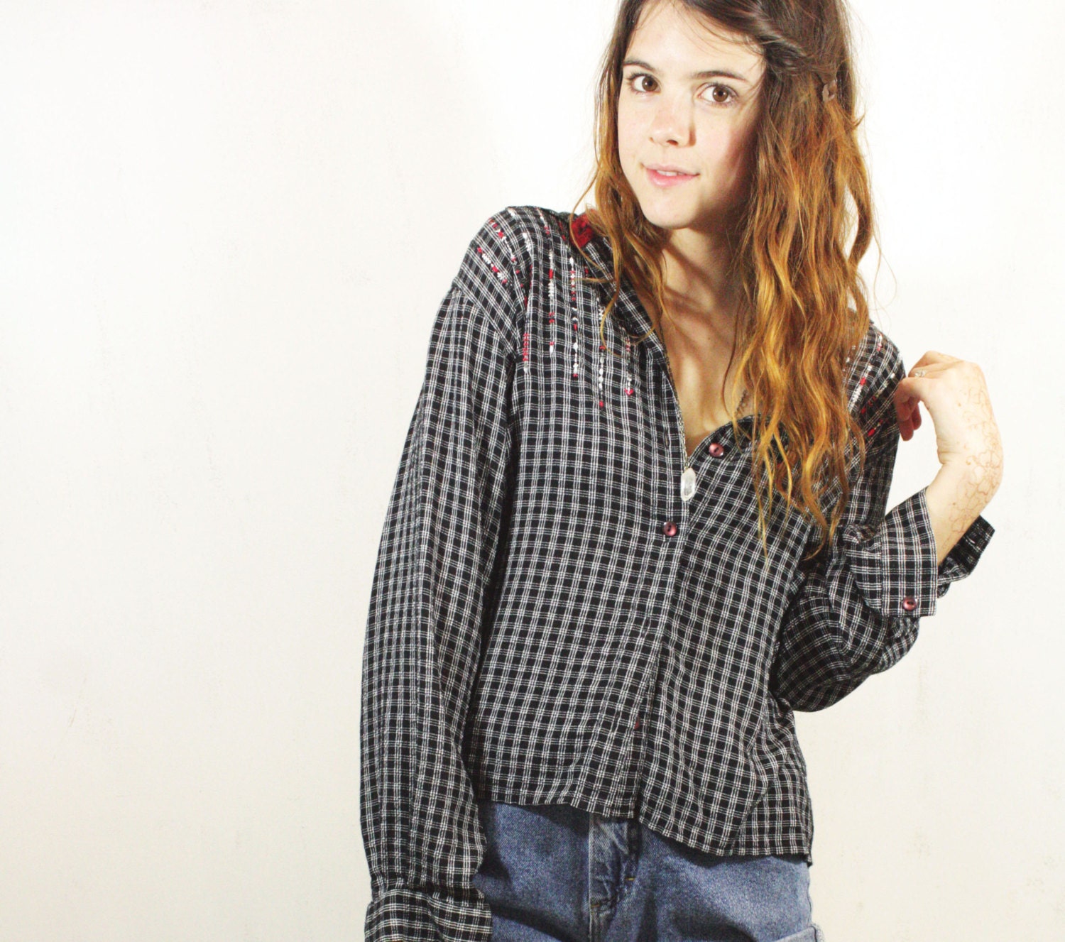 Black Plaid Button Down Blouse S M