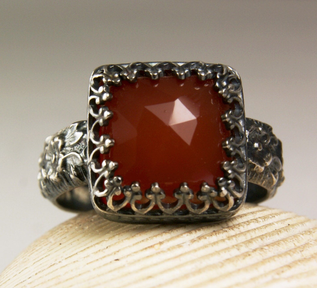 Sterling Silver Square Carnelian, Natural Orange Red Stone, Vintage Inspired, Handmade Jewelry, made to order in your size