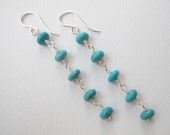 Turquoise Earrings - Sterling Silver Beaded Long Dangle Earrings Wire Wrapped Pebbles Rosary Style Beadwork Earrings