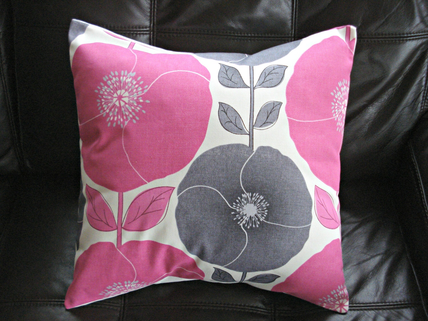 Decorative pillows poppy poppies pink bubblegum candyfloss gray grey silver design cushion shams UK designer fabric One 18 inch spring decor