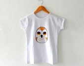 Women Tshirt, Whimsical Owl illustrated handpainted Tee / Size  M
