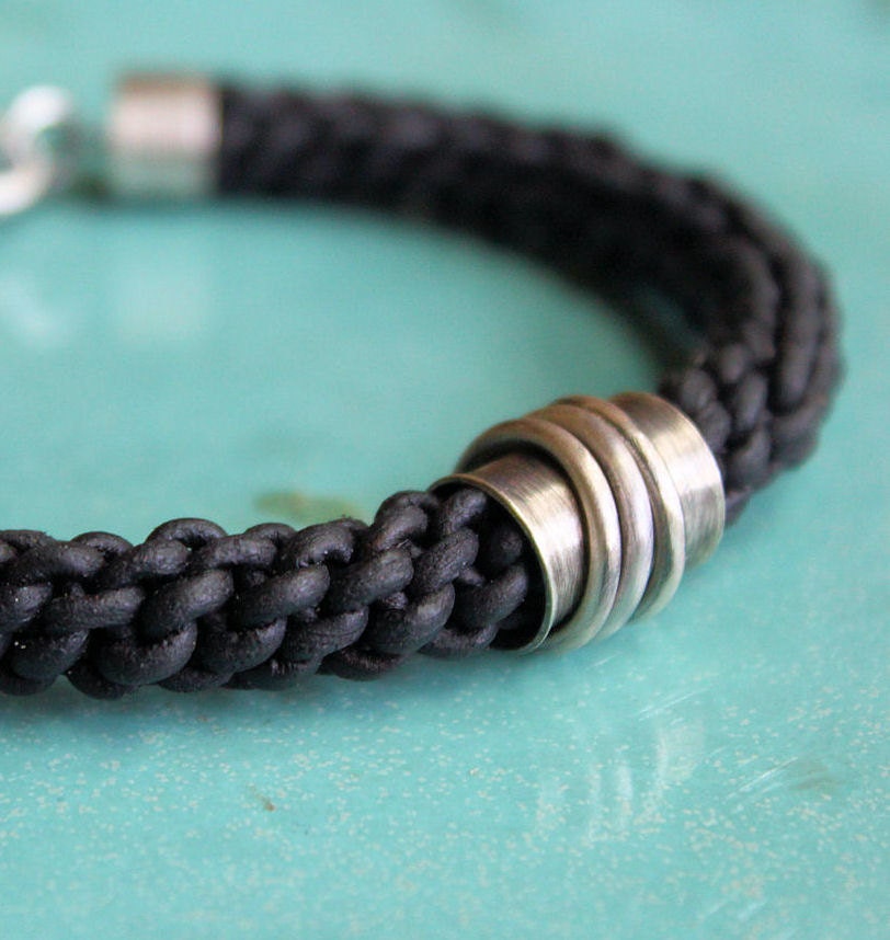 Mens Leather Bracelet Thick Black Braid Sterling Silver Tube
