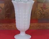 E.O. Brody White Milk Glass Pedestal Vase. Fern Pattern and Scalloped Rim. Vintage. 3463