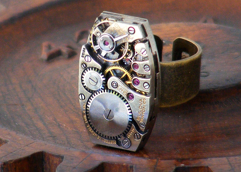 Steampunk Ring - Vintage Bulova Watch Movement - Adjustable Ring for the Steampunk Man