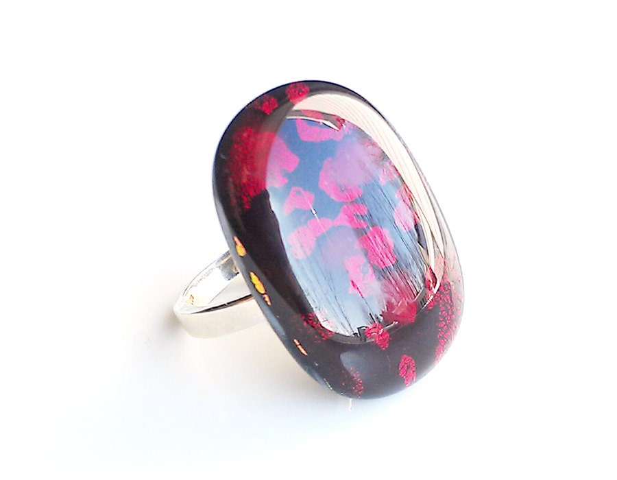 Oversized Sterling Silver Cocktail Ring - Red and Black Dichroic Fused Glass Mardi Gras
