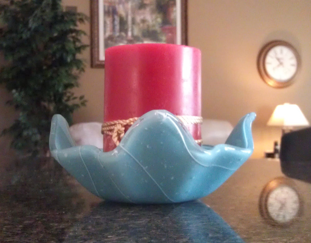 Candle Holder, Bowl, Vessel, Blue, Home Decor, Curved, Wavy, Angles, Fused Glass