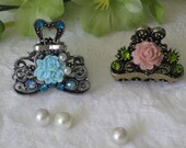 2 Hair Clips, Hair Accessories, Blue Flower, Silver Clip, Mauve Flower, Rinestones, Gold Hair Clip, Hair Comb
