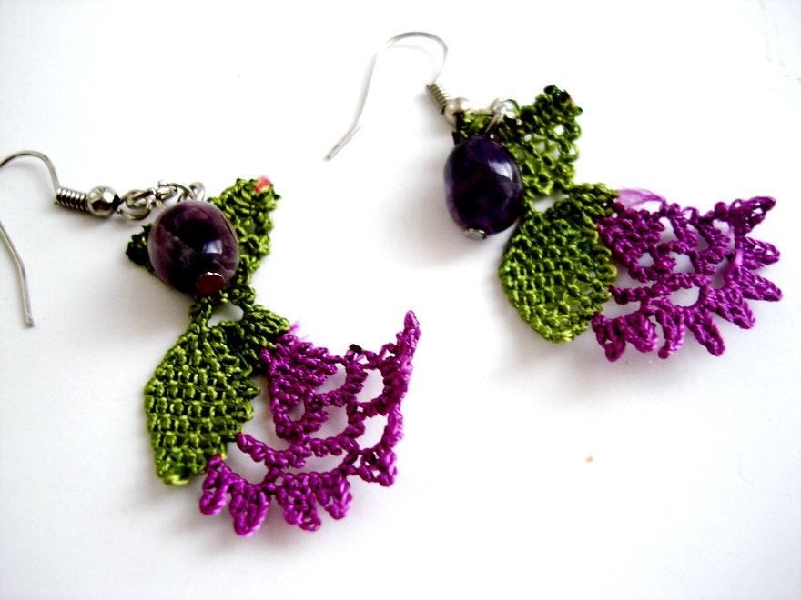Crochet Earrings witn natural stone amethyst,Colorful Crochet jewelry