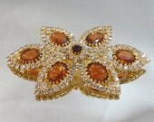 Vintage Rhinestone Brooch. Large. Amber Clear Rhinestones. Unsigned Beauty.