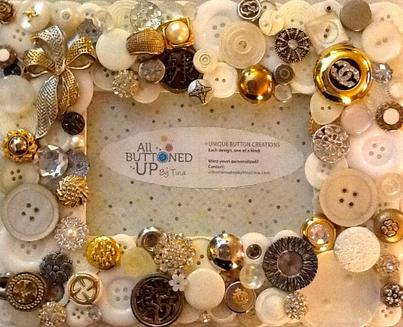 White, Silver & Gold Button Picture Frame for 4"x6" photo