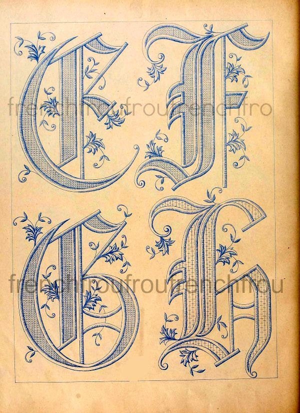 antique french victorian alphabet letters EFGH embroidery digital pattern