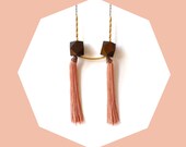 Wood Hedron Bead Geometric Necklace / Handmade Tassel / Brown, Salmon & Gold / Statement Necklace