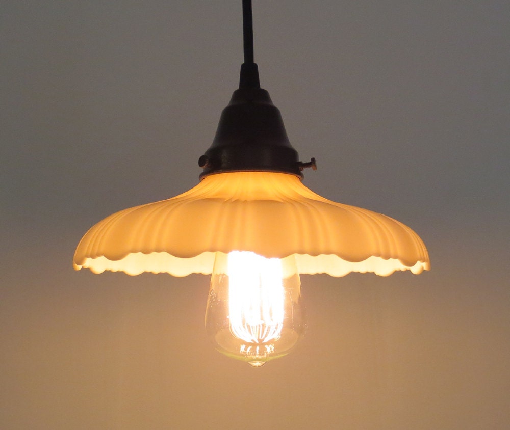 French Mill I. Beautiful VINTAGE Milkglass PENDANT With Edison Bulb