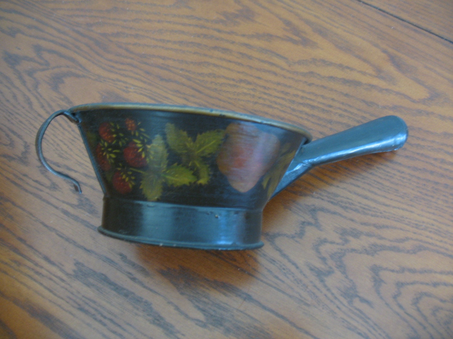 Vintage Primitive Metal Tole Black Strainer, Sieve, Sifter - Fruit and Strawberries