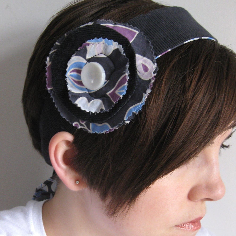 FLOWER HEADBAND - grey headband - floral headwrap - recycled fabric headband