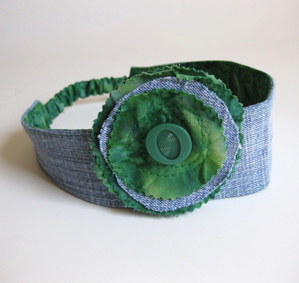 GREEN HEADBAND - reversible headband - denim headband -  recycled headband - BONUS removable hair clip