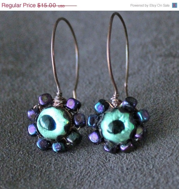 ON SALE Earrings Wire Wrapped Drop Cabochon Eyes: "Peacock Peepers" RETIRES Midnight 6/20/13